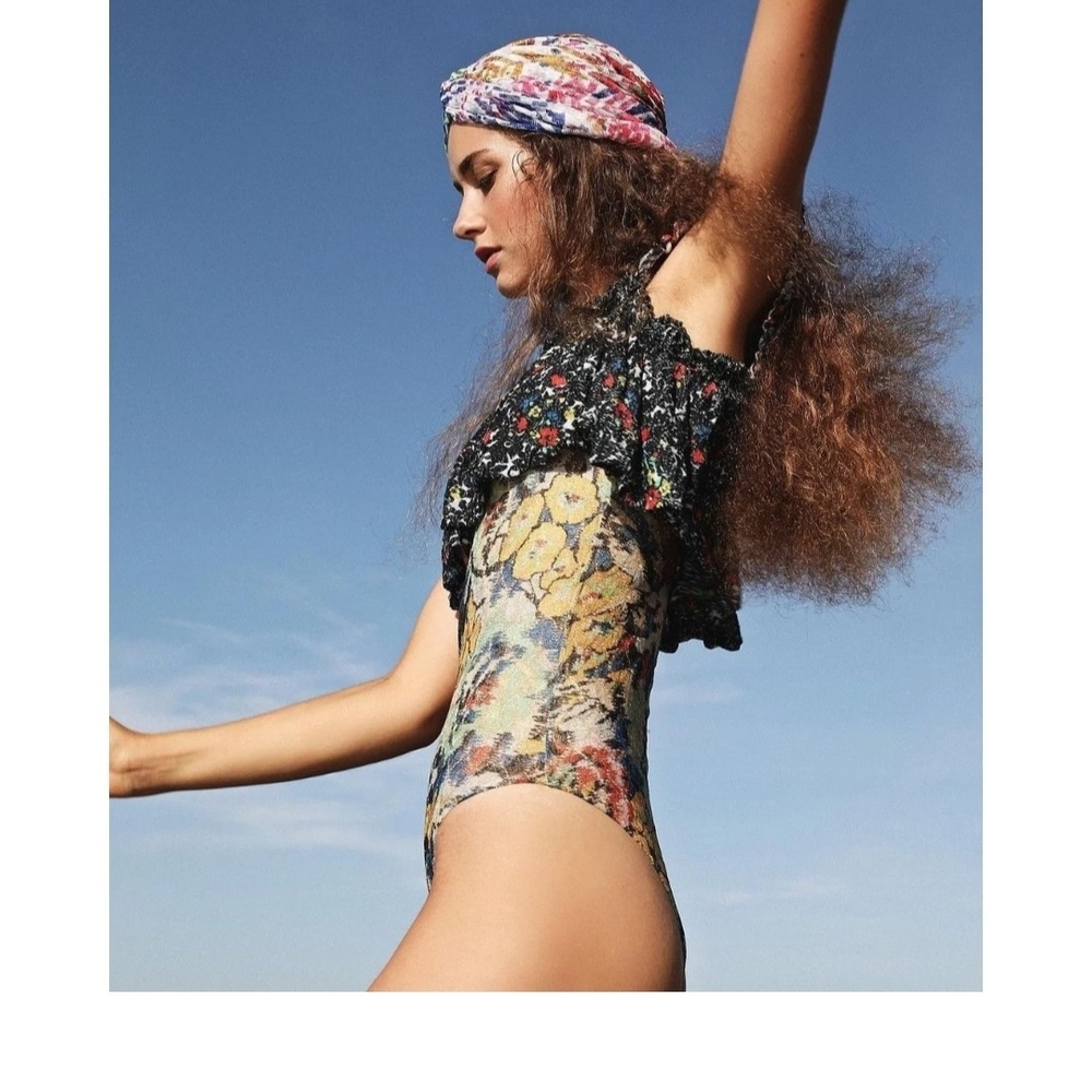 Floral Patterned Bodysuit with Black Lace Top